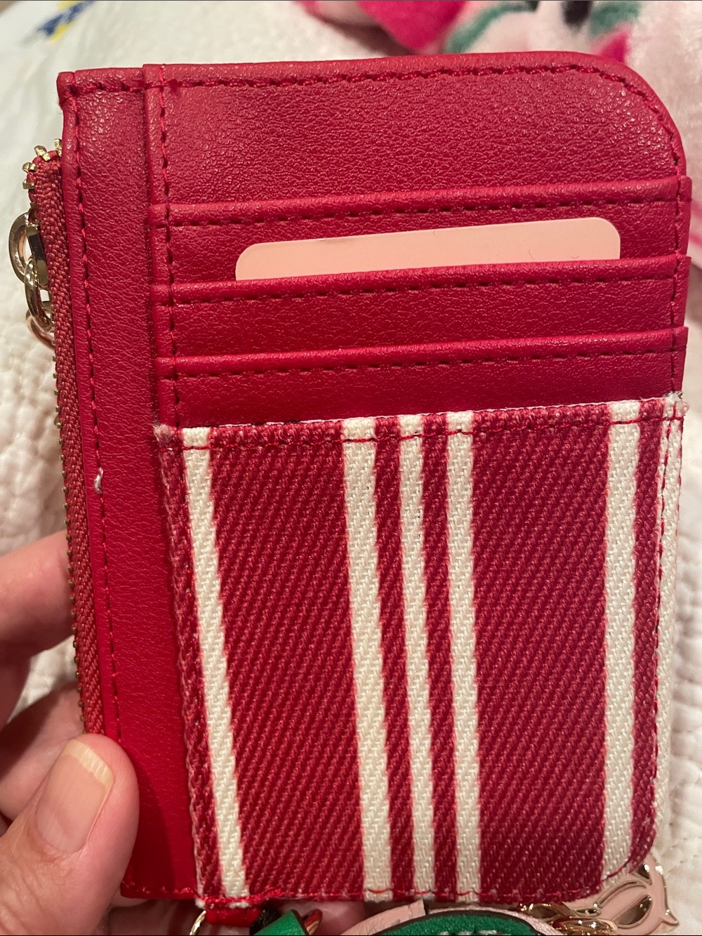Juicy Couture Pink & Green Striped Card Case with Strawberry Coin Purse - Picture 2 of 3
